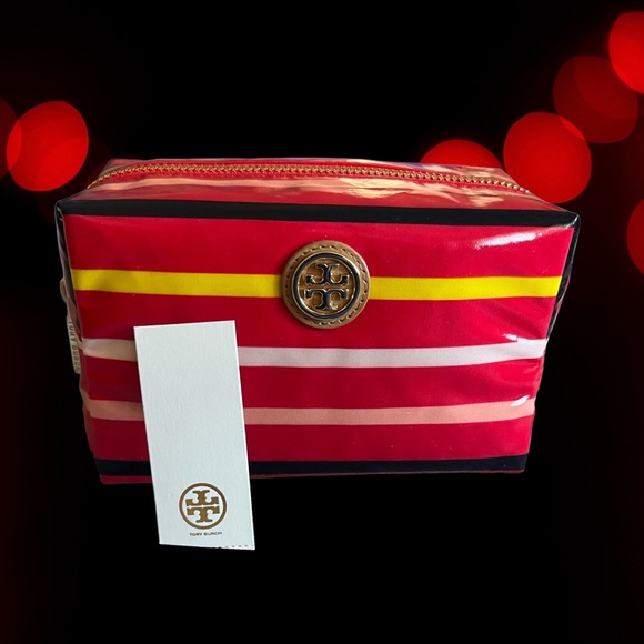 TORY BURCH NEW MAKEUP COSMETIC BAG BRIGITTE RED STRIPE ZIP Mother Day gift - Picture 4 of 10